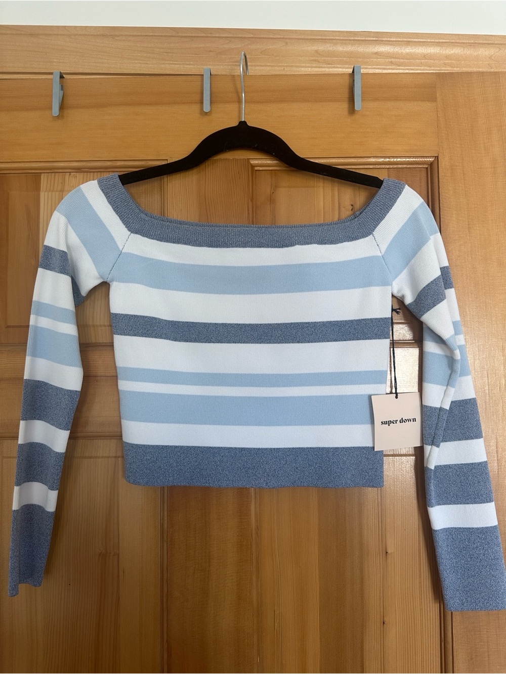 NWT! Superdown blue and white striped off-the-shoulder knit top